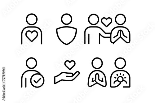 Personal Values Icons. Outline icon set of personal values: self-respect, integrity, empathy, humility, responsibility, kindness, courage, gratitude. Line