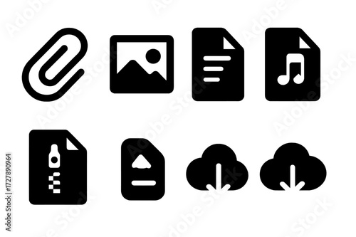 Email Attachment Icons. Solid, filled icon set of email attachments: paperclip, photo, document, video file, audio file, zip archive, cloud upload, cloud