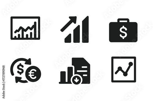 Financial Chart Icons. Solid, filled icon set of financial charts: stock chart, profit growth, investment portfolio, market trend, currency exchange, dividend