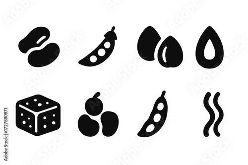 Plant Protein Icons. Solid, filled icon set of plant-based protein sources: beans, peas, nuts, seeds, seitan, soybeans, edamame, spirulina. Solid, filled icons