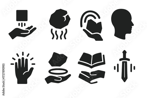Telekinesis Icon Set. Solid, filled icon set of telekinesis powers: levitating object, floating rock, psychic wave, hand with aura, energy ring, lifted book,