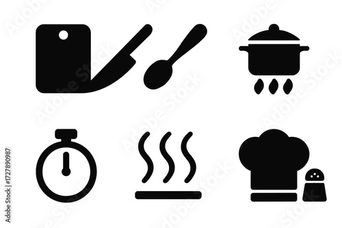 Cooking Icon Set. Solid, filled icon set of cooking process: chopping board, knife, stirring spoon, pot on stove, timer, steam, chef hat, salt shaker. [Line