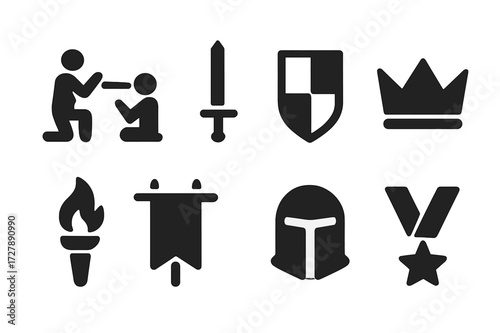 Chivalric Ceremony Icons. Solid, filled icon set of chivalric ceremonies: knight?s oath, sword, shield, crown, torch, banner, helmet, medal. Solid, filled