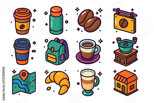 Colorful Coffee Travel Icons. Coffee travel. Colorful isometric vector icons set of Coffee travel: takeaway cup, thermos, coffee beans, coffee shop sign,