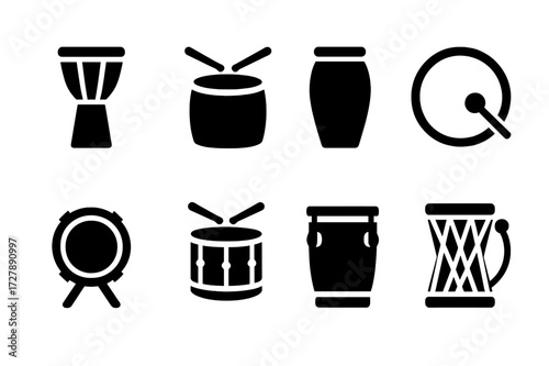 War Drum Icons. Solid, filled icon set of war drum types: djembe, taiko, conga, frame drum, bass drum, military snare, tom-tom, talking drum. Solid, filled