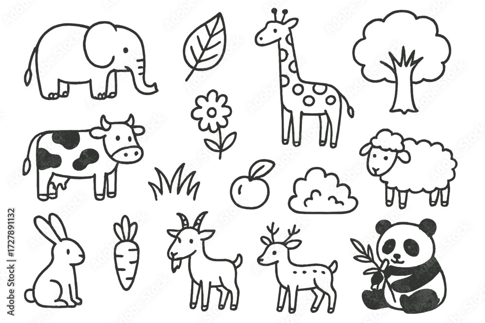 Obraz premium Herbivore Doodle Icons. Hand-drawn doodle illustration Herbivores elephant, leaf, giraffe, tree, cow, grass, sheep, flower, rabbit, carrot, goat, deer, bush,