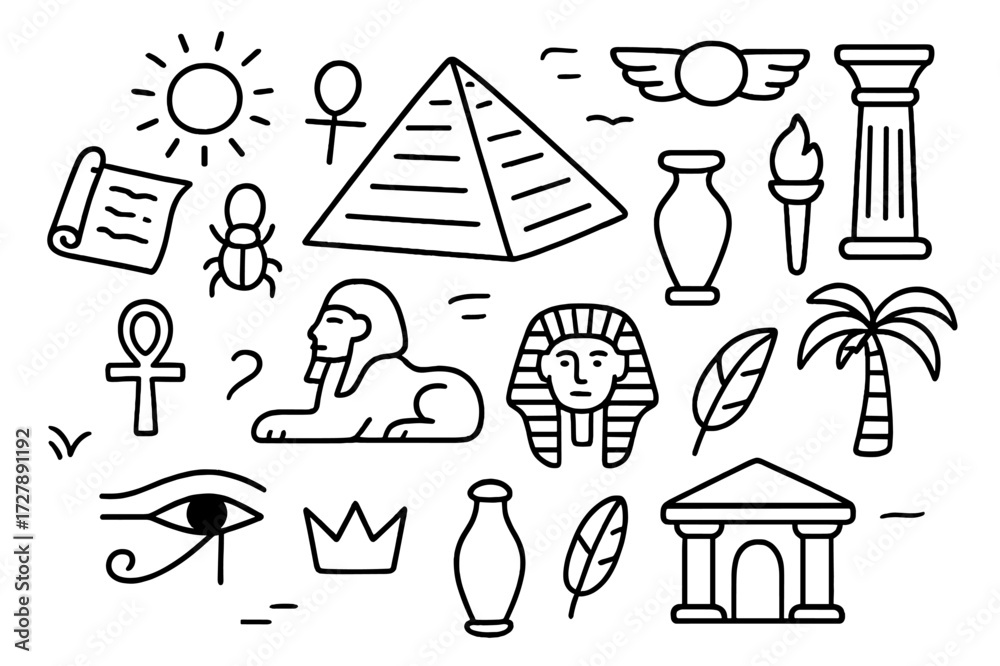 Fototapeta premium Ancient Egypt Doodle Icons. Hand-drawn doodle illustration Ancient symbols pyramid, sphinx, ankh, scarab beetle, column, sun disc, scroll, torch, vase, mask,