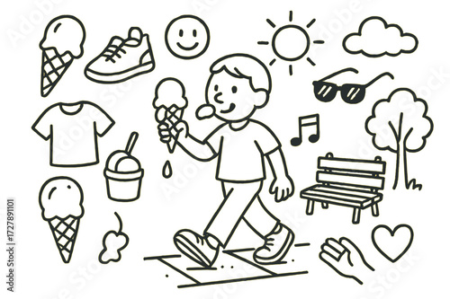 Ice Cream Stroll. Hand-drawn doodle illustration [eating ice cream while walking] [ice cream cone, walking shoes, smiley face, sun, sidewalk, melting scoop,
