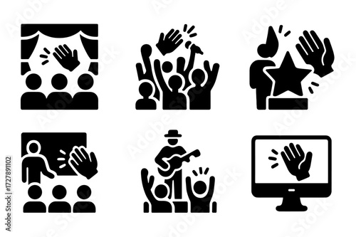 Icons of Applause. Solid, filled icon set of applause contexts: theater audience, concert crowd, award ceremony, sports fans, conference attendees, classroom
