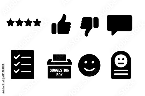 Feedback Icons Grid. Solid, filled icon set of client feedback: star rating, thumbs up, thumbs down, comment box, survey form, suggestion box, smiley face,