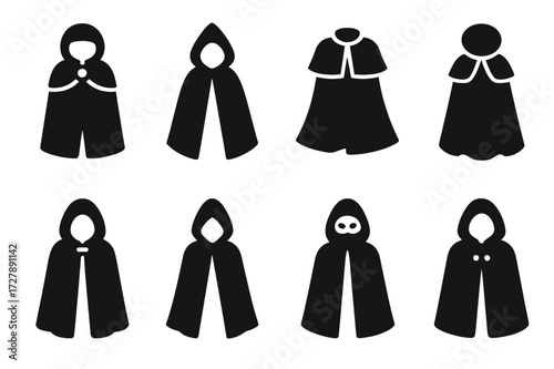 Cloak Icon Collection. Solid, filled icon set of cloak styles: medieval cloak, fantasy cloak, superhero cape, Victorian cloak, druid cloak, assassin cloak,