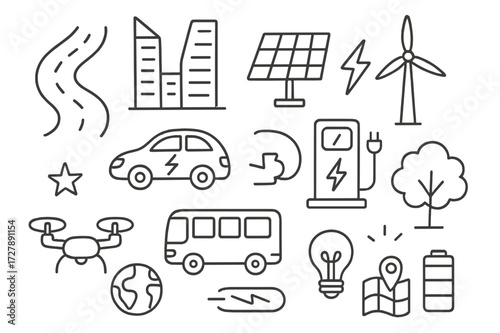 Future City Doodle. Hand-drawn doodle illustration Future city energy roads [road, skyscraper, solar panel, wind turbine, electric car, bus, charging station,