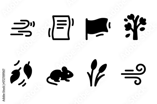 Nature Movements Icons. Solid, filled icon set of small movements: rustle noise, shaking paper, fluttering cloth, shaking branches, falling leaves, small