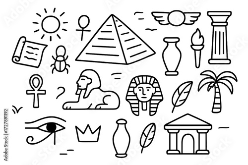 Ancient Egypt Doodle Icons. Hand-drawn doodle illustration Ancient symbols pyramid, sphinx, ankh, scarab beetle, column, sun disc, scroll, torch, vase, mask,