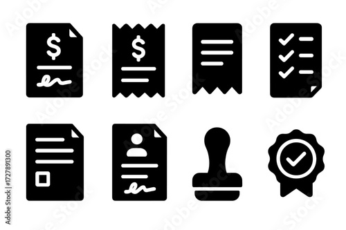 Deal Document Icons. Solid, filled icon set of deal documents: contract, invoice, receipt, checklist, terms and conditions, agreement letter, legal stamp,