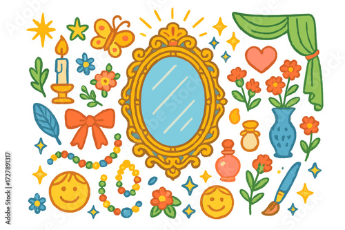 Whimsical Children's Doodle. Elegant frame. Colorful Hand-drawn doodle Children illustration Mirror, ornate frame, candle, flowers, ribbon, jewelry, sparkling