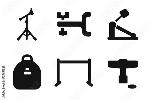 Percussion Hardware Icons. Solid, filled icon set of percussion hardware: stands, mounts, brackets, pedals, cases, drum racks, tuning keys, dampeners. Solid,