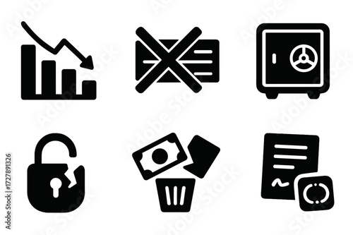 Worthless Investments Icons. Solid, filled icon set of worthless investments: falling graph, crossed-out check, empty safe, lost receipt, broken