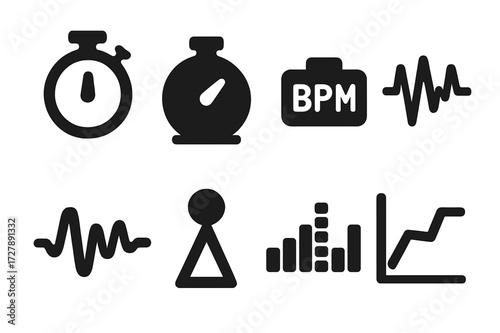 Tempo Icon Set. Solid, filled icon set of tempo tempo measurement: stopwatch, timer, BPM counter, rhythm waveform, sound wave, beat marker, audio spectrum,