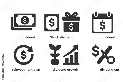 Dividend Payout Icons. Solid, filled icon set of dividend payment types: cash dividend, stock dividend, special dividend, interim dividend, reinvestment plan,