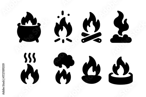 Cauldron Fire Icons. Solid, filled icon set of cauldron fire: flames, sparks, burning logs, smoke tendrils, heat waves, ash cloud, ember glow, fire pit. [Line
