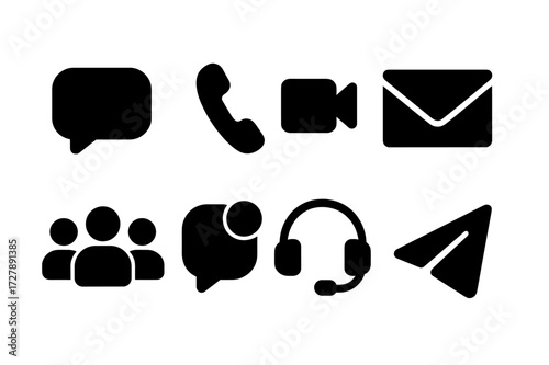 Communication Icons Grid. Solid, filled icon set of communication platforms: chat bubble, phone call, video call, email, group chat, notification, headset,
