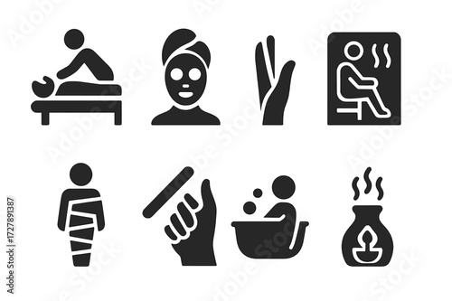 Spa Service Icons. Solid, filled icon set of spa services: massage, facial, manicure, pedicure, sauna, body wrap, hydrotherapy, aromatherapy. Solid, filled