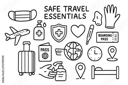 Travel Essentials Doodle. Hand-drawn doodle illustration Safe travel essentials face mask, sanitizer, gloves, suitcase, passport, boarding pass, thermometer,