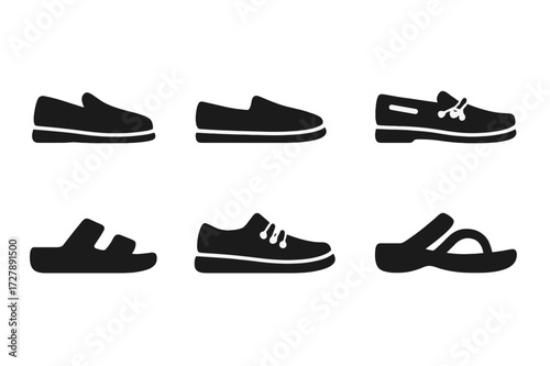 Casual Shoes Icon Set. Solid, filled icon set of casual shoes: slip-ons, espadrilles, moccasins, boat shoes, sandals, canvas shoes, clogs, flip-flops. Solid,