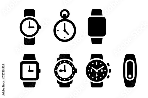 Watch Icon Collection. Solid, filled icon set of watch types: wristwatch, pocket watch, smartwatch, digital watch, analog watch, diving watch, chronograph,