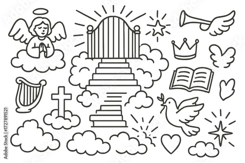 Heavenly Symbols Doodle. Hand-drawn doodle illustration [Biblical Heaven imagery] golden gates, stairs, rays of light, angel, clouds, harp, wings, cross,