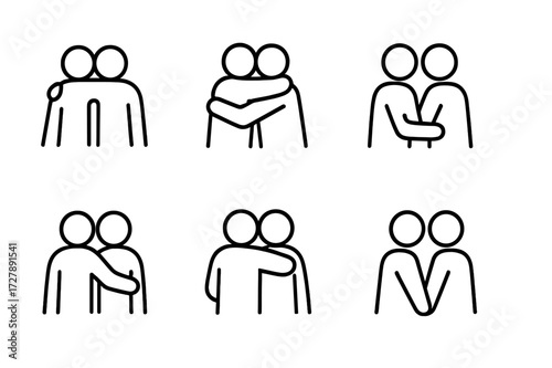 Outline Hug Icon Set. Outline icon set of hug gestures: arms around shoulders, tight squeeze, gentle hold, side hug, forehead touch, hand on back, leaning in,