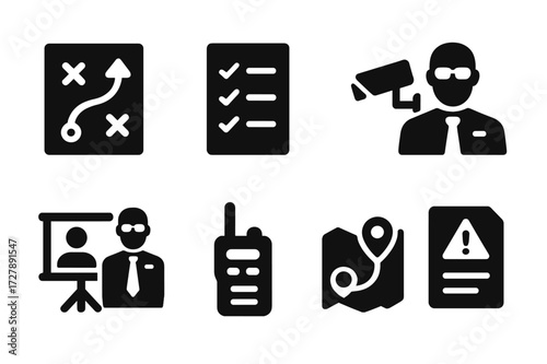Bodyguard Planning Icons. Solid, filled icon set of bodyguard planning: strategy map, checklist, timeline, surveillance, briefing, radio communication, route