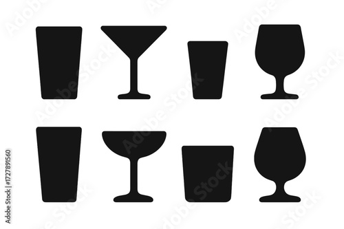 Bar Glassware Icons. Solid, filled icon set of bar shelf glassware: highball glass, martini glass, shot glass, wine glass, pint glass, coupe glass, rocks