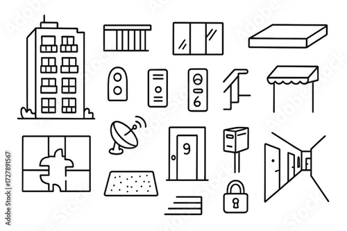 Modern High-Rise Doodles. Hand-drawn doodle illustration [modern high-rise apartments] [balcony, window panes, rooftop, doorbell, intercom, elevator panel,