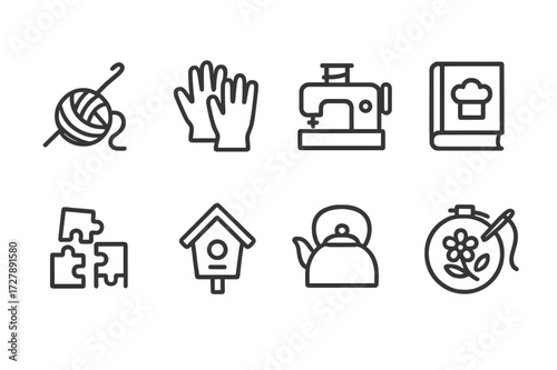 Grandmother's Hobby Icons. Outline icon set of grandmother?s hobbies: crochet hook, gardening gloves, sewing machine, cookbook, puzzle, birdhouse, tea kettle,