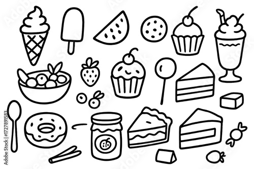 Summer Desserts Doodles. Hand-drawn doodle illustration summer barbecue desserts ice cream cone, popsicle, watermelon slice, fruit salad bowl, cupcake, cookie,
