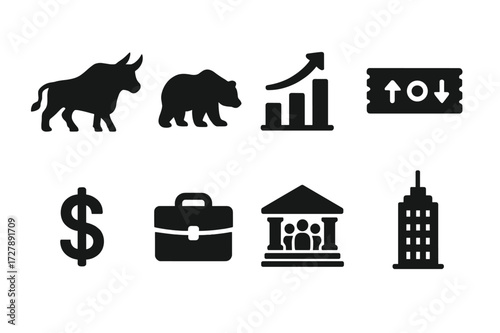 Wall Street Icons. Solid, filled icon set of Wall Street symbols: bull, bear, stock chart, ticker tape, trading floor, dollar sign, briefcase, skyscraper.