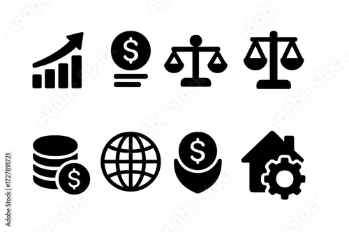 Fund Types Icons. Solid, filled icon set of fund types: growth fund, income fund, balanced fund, money market fund, sector fund, global fund, fixed income