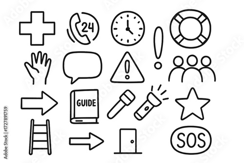 Crisis Intervention Symbols. Hand-drawn doodle illustration crisis intervention first aid cross, emergency phone, clock, lifebuoy, hand reaching, speech