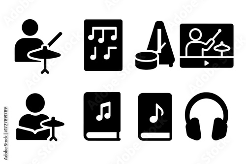 Drum Education Icons. Solid, filled icon set of ride cymbal education: drum lesson, sheet music, metronome, practice pad, video tutorial, instructor, music