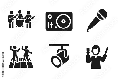 Gala Entertainment Icons. Solid, filled icon set of gala entertainment: live band, DJ turntable, microphone, dance floor, spotlight, music notes, singer,