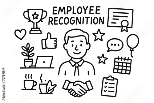 Employee Recognition Icons. Hand-drawn doodle illustration Employee recognition Smiling employee, trophy, certificate, heart, star, desk, laptop, coffee cup,