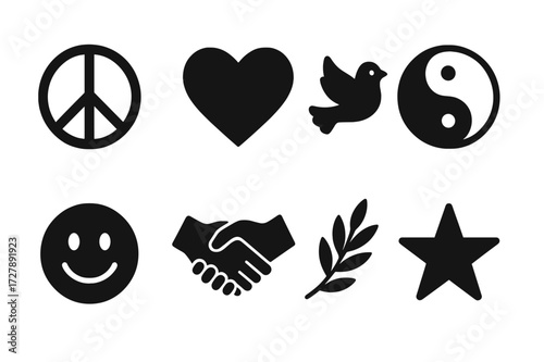 Calm Symbols Icon Set. Solid, filled icon set of calm symbols: peace sign, heart, dove, yin yang, smile, handshake, olive branch, star. Line icons in only