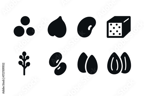 Plant-Based Protein Icons. Solid, filled icon set of plant-based proteins: lentil, chickpea, black bean, tofu block, quinoa grain, soybeans, pumpkin seeds,