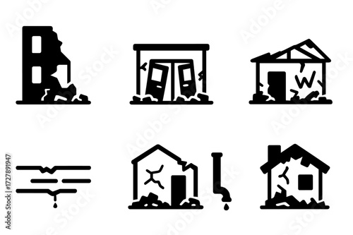 Ruined Building Icon Set. Solid, filled icon set of ruined building: collapsed walls, smashed doors, exposed beams, scattered bricks, cracked floor, graffiti,