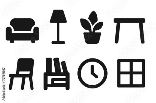 Home Essentials Icons. Solid, filled icon set of home: sofa, lamp, houseplant, table, chair, bookshelf, clock, window. Solid, filled icons in only black color.