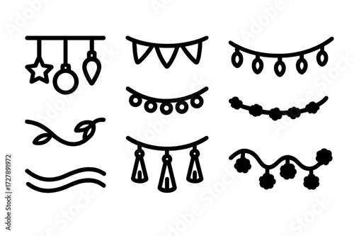 Black String Decorations. Solid, filled icon set of string decoration: hanging ornaments, garland string, bead string, light string, ribbon string, floral
