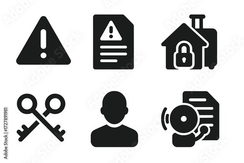 Eviction Icon Set. Solid, filled icon set of eviction warning: warning triangle, eviction letter, locked house, moving suitcase, crossed keys, landlord