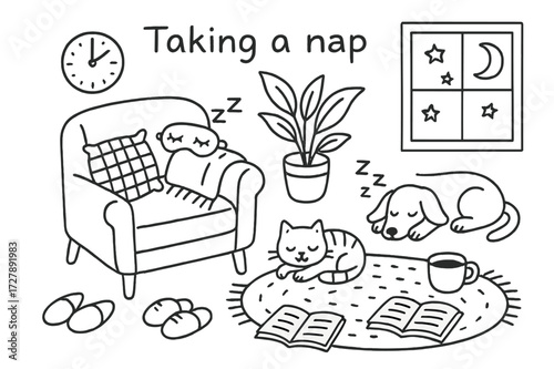 Cozy Nap Essentials. Hand-drawn doodle illustration Taking a nap Chair, Cushion, Blanket, Eye mask, Cat, Dog, Book, Coffee cup, Plant, Rug, Clock, Slippers,